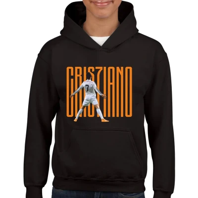Afbeelding van Cristiano Kinder Hoodie Zwart text oranje Maat 134/140 leeftijd 9 tot 10 jaar rugnummer 7 Cadeau Voetbal Zwarte