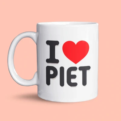 Afbeelding van I love PIET mok Beker met grappig Sinterklaasdesign Perfect cadeau voor koffie, thee of chocolademelk Vaatwasser en magnetronbestendig Aan beide zijden bedrukt Keramische tas van 325 ml Uniek vrienden familie