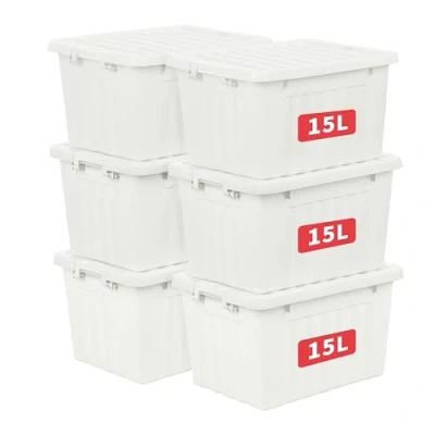 Afbeelding van Cetomo 15L x 6 plastic opbergdoos, wit, draagtas, organiserende container met duurzaam deksel en veilige vergrendelende gespen, stapelbaar nestbaar, stuks, gesp