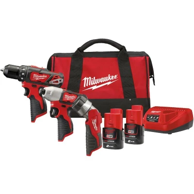 Afbeelding van Milwaukee M12 BPP3A 202B powerpack (M12 BDD, BID, C12 T, 2 x 2,0 Ah accu, 30 min. lader, contractor bag)