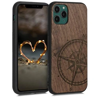 Afbeelding van kwmobile telefoonhoesje geschikt voorApple iPhone 11 Pro Hoesje met bumper walnoothout In donkerbruin Vintage Kompas design