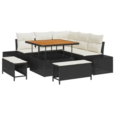Afbeelding van vidaXL 8 delige Tuin Sofa Set met Kussens Zwart Poly Rattan Acacia, 2 Zits Rattan, 3 Eet Acacia