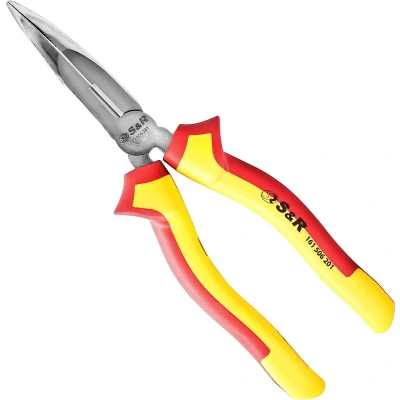 Afbeelding van Platte ronde neustang, gebogen 200 mm, met snijrand, naaldneustang, warmte en inductietang gehard voor professioneel gebruik, hardheid HRC 66, 2 componentenhandvatten antislip, ooien snaveltang