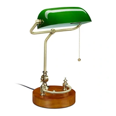 Afbeelding van Relaxdays bankierslamp met trekschakelaar, ronde voet, kantelbare lampenkap, retro, E27 fitting, bureaulamp, groen