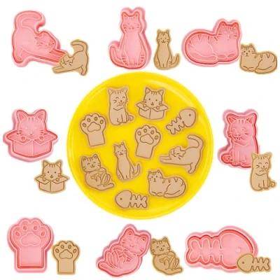 Afbeelding van Wayxmax 8 stuks kattenuitsteekvormpjes, uitsteekvormpjes, kattenkoekjessnijder, fondant koekjessnijder voor koekjes, koekjesstempel, 3D uitsteekvormen cartoon motief, kinderfeest