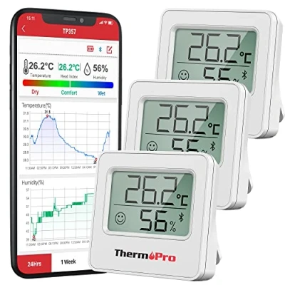 Afbeelding van ThermoPro TP357 3 80 m, Bluetooth hygrometer, set van stuks, kamerthermometers, digitaal met app, minithermometer voor binnengebruik smiley indicator, datagrafie binnen, conor, wijnkelder, serre