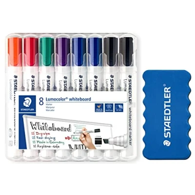 Afbeelding van STAEDTLER whiteboard marker Lumocolor, wigpunt ca. 2 of 5 mm lijnbreedte, droog en zonder resten afwasbaar, hoge kwaliteit, set met 8 markers incl. spons, 351BWP8XP1X