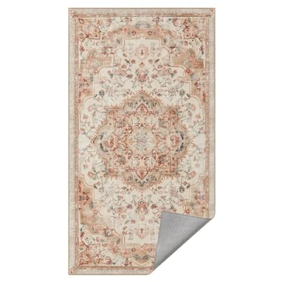 Afbeelding van SONGMICS HOME Vloerkleed 80 x 150 cm Woonkamertapijt Antisliptapijt Traditioneel Vintage Stijl Woonkamer Keuken Hal Eetkamer Machinewasbaar Cappuccino Beige TAR037K01