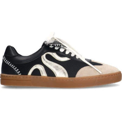 Afbeelding van Sacha Dames Zwarte suède sneakers met gouden details Maat 36