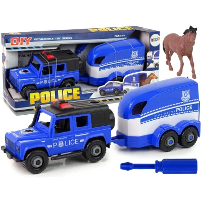 Afbeelding van DIY Speelgoed politie terreinwagen met trailer en paard