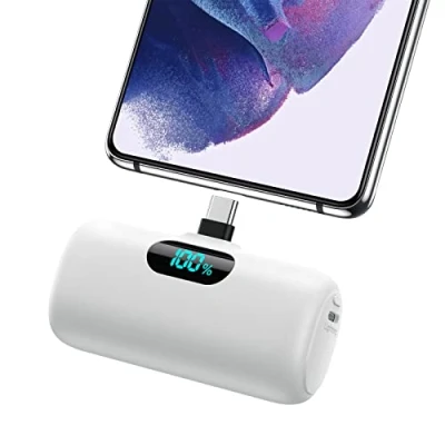 Afbeelding van Feob Mini Power Bank, 5000 mAh, USB C, draagbare oplader, 15 W, PD, snel opladen, externe accu, compact, met LCD display, compatibel iPhone 15/15 Pro, Samsung mobiele telefoons enz., wit