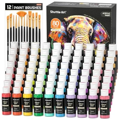Afbeelding van Shuttle Art Acrylverfset, 80 kleurrijke acrylkleuren in flessen (elk 60 ml) met 12 penselenset, niet giftig, acrylverf, waterbestendig, geschikt voor kunstenaars, beginners, volwassenen, op canvas,