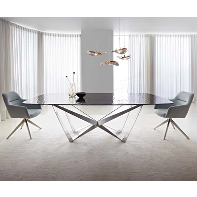 Afbeelding van Eetkamertafel Edge Boot Glas smelten rokerig zwart 3D Relief 240x120 spider vlak staal RVS