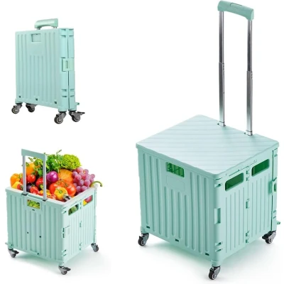Afbeelding van Boodschappentrolley, inklapbaar, transporttrolley, tot 40 kg, met deksel en telescopische handgreep, 4 wielen, winkelwagen, vouwbox (groen)