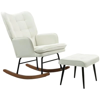 Afbeelding van HOMCOM schommelstoel, schommelstoel met kruk, armleuningstoel, stijlstoel linnenlook, belastbaar tot 130 kg, voor slaapkamer, woonkamer, beige