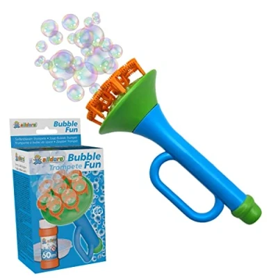Afbeelding van alldoro 60623 Fun bellenblaastrompet met 60 ml zeepbellenvloeistof en schaal, Multi Bubble bellenmachine, Trumpet ca. 15,2 x 6,5 cm, voor kinderen vanaf 3 jaar, blauw/groen