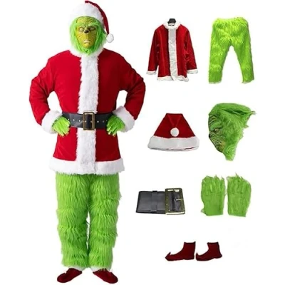 Afbeelding van 7 stuks Kerstman kostuum set, inclusief masker Grinch Groen Monster pak voor volwassenen, Kerstfeest Cosplay Themafeest, Carnaval Kerst L