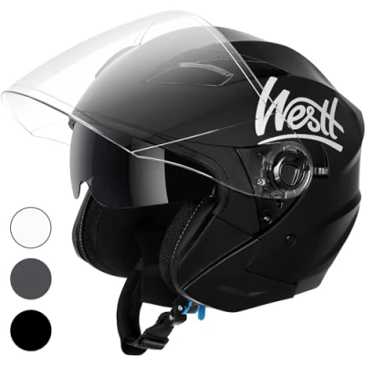 Afbeelding van WESTT Jet motorhelm I zwart scooterhelm met dubbel vizier jethelm heren &amp; dames ademende bromfiets helm schokbestendige ECE gecertificeerd maat L (57 58 cm)