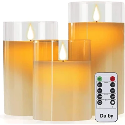 Afbeelding van Da by Vlamloze kaarsen met glazen effect 4 &quot;5&quot; 6&quot; Set van 3 druppelloze echte waspijlers omvatten realistische dansende LED vlammen en 10 toetsen afstandsbediening 24 uurs timerfunctie