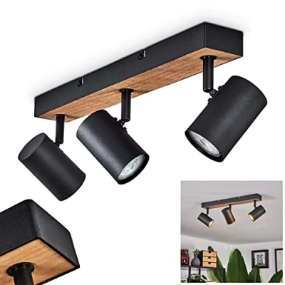 Afbeelding van plafondlamp Javel, moderne van metaal/MDF in zwart/bruin/hout look, lamp met verstelbare spots, 3 lamp, x GU10, zonder gloeilampen