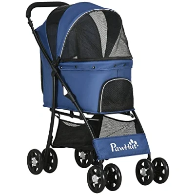 Afbeelding van PawHut Buggy, opvouwbaar, voor honden en katten, 600D Oxford stof, 4 wielen, blauw