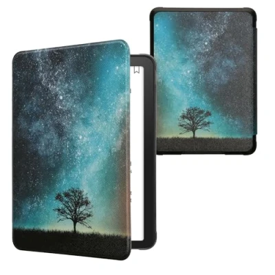 Afbeelding van kwmobile E reader hoesje geschikt voor Amazon Kindle Paperwhite (12. Gen 2024)/Kindle Colorsoft hoes flip case met magnetische sluiting Ereader cover Sterrenstelsel en Boom design in blauw / grijs zwart