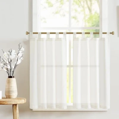 Afbeelding van Topick Vitrage met lussen, linnen bistrogordijn, halftransparant gordijn, vitrage, sjaal, raamsjaal voor keuken, woonkamer, landelijke stijl, set van 2, 65 cm x 60 (b h), wit
