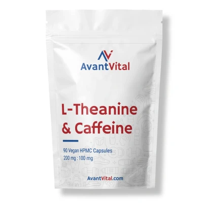 Afbeelding van L Theanine &amp; Cafeïne 90 Vegan Capsules Optimale verhouding 200 mg : 100 gewonnen uit Groene Thee AvantVital Voedingssupplementen