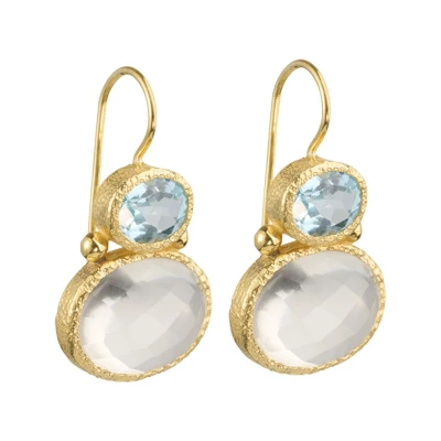 Afbeelding van Double gems oorbellen goud heldere kwarts blauwe topaas