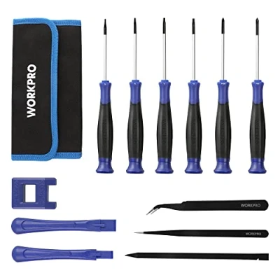 Afbeelding van WORKPRO Precisie schroevendraaierset, 12 stuks, inclusief magnetizer, 2 pincetten, 3 wrakstangen, opbergtas, mini schroevendraaierset voor horlogegereedschap, reparatie fijne mechanica