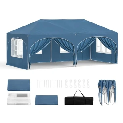 Afbeelding van WOLTU Paviljoen, vouwpaviljoen, 3 x 6 m, met zijwanden, partytent, waterafstotend, uv bescherming 50+, in hoogte verstelbaar tuinpaviljoen, draagtas, voor outdoor, tuin, camping,blauw