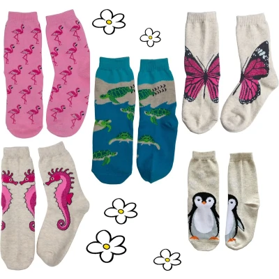 Afbeelding van Nature Planet kindersokken set van 5 paar sokken flamingo vlinder zeepaardje pinquin zeeschildpad (100% Oeko tex gecertificeerd) maat 19 22