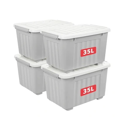 Afbeelding van Cetomo 35L x 4 plastic opbergdoos, grijs, draagtas, organiserende container met duurzaam deksel en veilige vergrendelende gespen, stapelbaar nestbaar, stuks, gesp