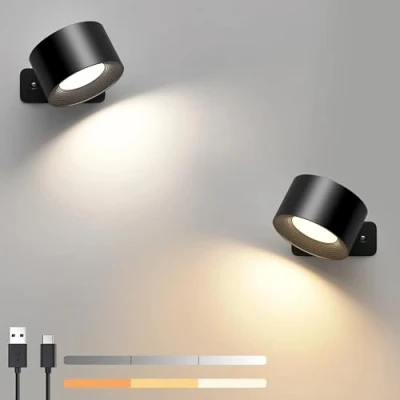 Afbeelding van Led wandlamp voor binnen, 2 stuks, 3 helderheidsniveaus, kleurmodi, bedlamp, 360 graden draaibare touch bediening, draadloos, woonkamer, slaapkamer, hal(zwart)