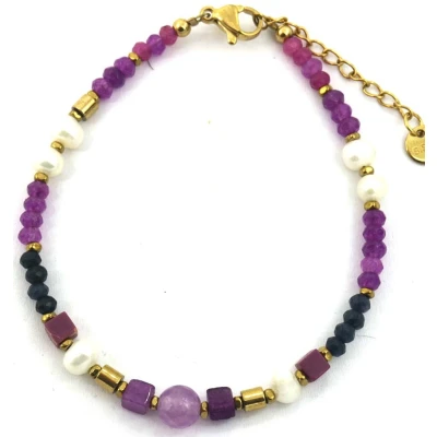 Afbeelding van Armband Dames Kralen en Steentjes RVS Verstelbaar 16 21 cm Donkerpaars