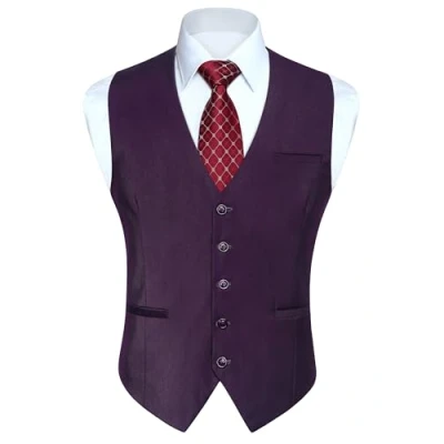 Afbeelding van Enlision Gilet voor heren, formele effen giletjes bruiloft, kleur smoking, smokingjas, zakelijk pak, vest met zakken XS 4XL, Paars, XL