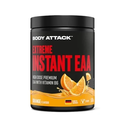 Afbeelding van Body Attack Extreme Instant EAA Pulver 500g, extrem Lecker, sofort löslich, vegan, 8 essentielle Aminosäuren hochdosiert 10300mg EAAs pro Shake, Made in Germany, Orange