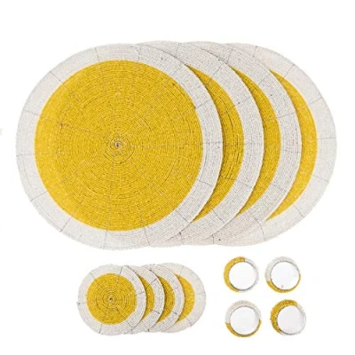 Afbeelding van Penguin Home Set van 12 glazen kralen Placemats, onderzetters en servetringen geel wit kleur ronde Placemats handgemaakt door vakbekwame Indiase ambachtslieden Diameter 32 cm (13&quot;)