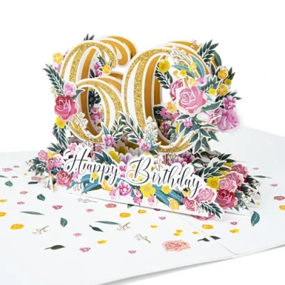 Afbeelding van LIMAH® Pop Up 3D Wenskaart/Hoogwaardige PopUp Verjaardagskaart voor 60e Verjaardag / Happy Birthday motief in wit goud groot met glitter