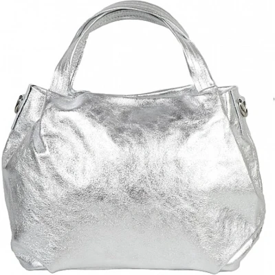 Afbeelding van Zilveren Metallic Leren Handtas Noa Schoudertassen Goud Beslag Extra lang Hengsel Italiaans Tassen Zilver