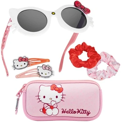 Afbeelding van Get Trend zonnebril en haaraccessoireset voor meisjes met clips Scrunchie draagtas 100% UV bescherming reizen, vakantie, dagje uit, meisjesgeschenken, Roze Hello Kitty, onesize