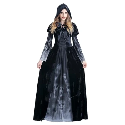 Afbeelding van MiiDD Zwarte heks Kostuum vrouwen voor Halloween, Wicked Vampire Sorceress Hooded Dames Fancy Dress Cosplay Halloween Party Outfit Volwassene (L)