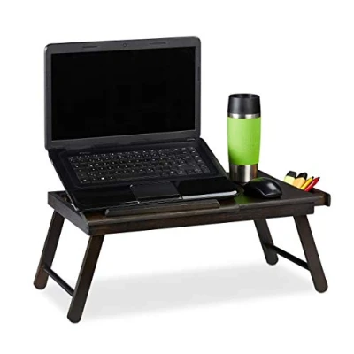 Afbeelding van Relaxdays bamboe laptoptafel, in hoogte verstelbaar, lade, klapbaar, HBD: 25x60x35cm, bedtafel, schoottafel, donkerbruin