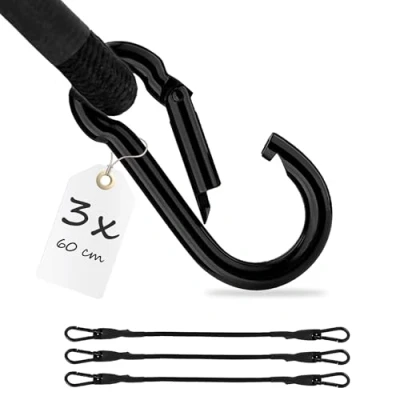 Afbeelding van ECENCE 3x Spanelastiek met karabijn 60cm in Zwart Rubberen spanbanden, bagagespanband, expander, spanband voor fiets, auto, bagage, transportbeveiliging