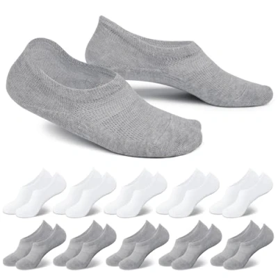 Afbeelding van EKSHER 10 paar No Show sneakersokken, onzichtbare sokken voor dames en heren, korte katoenen voetjes, antislip, ademend, 5 x wit + grijs, 47/50 EU