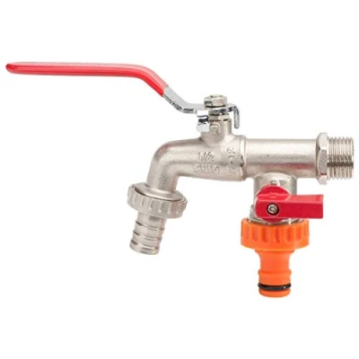 Afbeelding van Invena Tuinkraan, dubbel duo kogelkraan, met rood handvat 1/2 inch x 3/4 BSP (1,27 cm 1,9 cm)