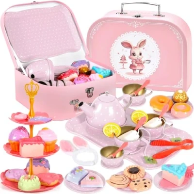 Afbeelding van JEDWKFA 50PCS Theeset Kinderen, Jouets étui de Transport, enfant tea party jeu rôle, Vaisselle jouet, Jouet Cuisine Faisant Semblant pour Enfants Filles 3 4 5 6 7 Ans