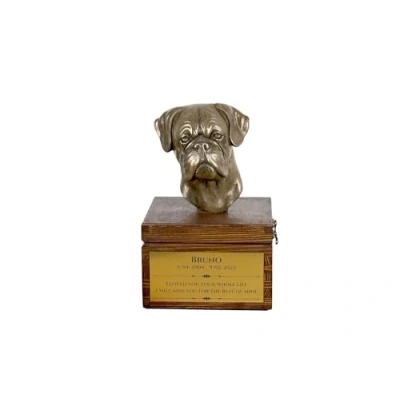 Afbeelding van Art Dog handgemaakte aangepaste hondenherdenkingsurn koudgegoten bronzen hondenkop op berkenbasis langdurige hondencrematiedoos 16x28x16cm Bokser ik