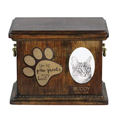 Afbeelding van Art Dog Custom Cat Memorial Urn Handgemaakte houten kist voor as met keramische plaat Kattencrematiedoos details naar keuze 8,3x11,4x8,7 Abessijn