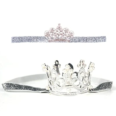 Afbeelding van Nishine 2 stuks baby meisjes kroon hoofdband prinses diadeem hoofdtooi set kleine kinderen elastische (zilver)